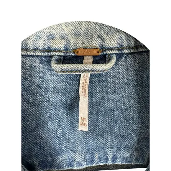 Free People Paisley Quilted Denim Jacket Trucker Boho Hippie Oversized Baggy M/L